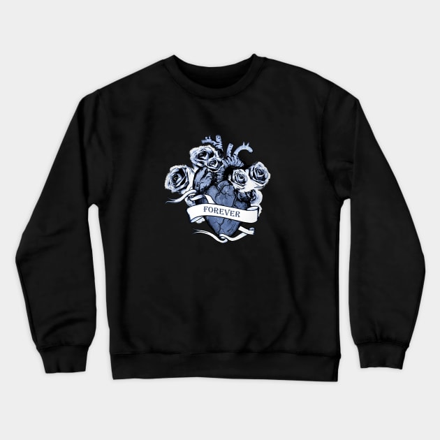 Blue navy Bloom roses Heart Human Anatomy Crewneck Sweatshirt by Collagedream